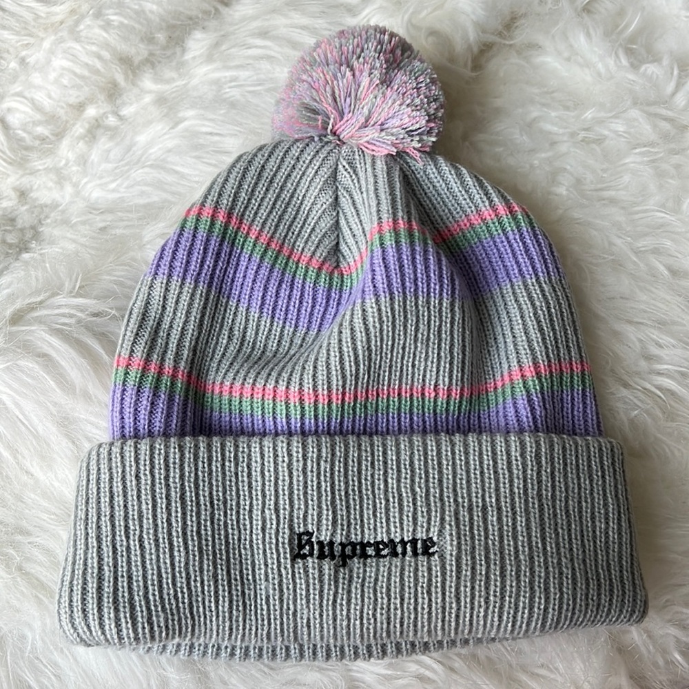 SUPREME Light Grey Big Stripe Beanie RARE